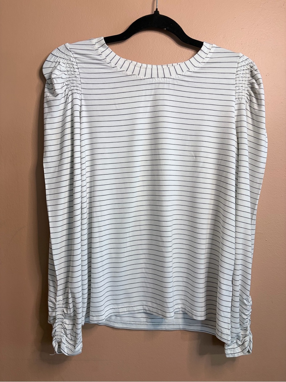 Striped White Long-Sleeve Tee with Ruched Shoulders